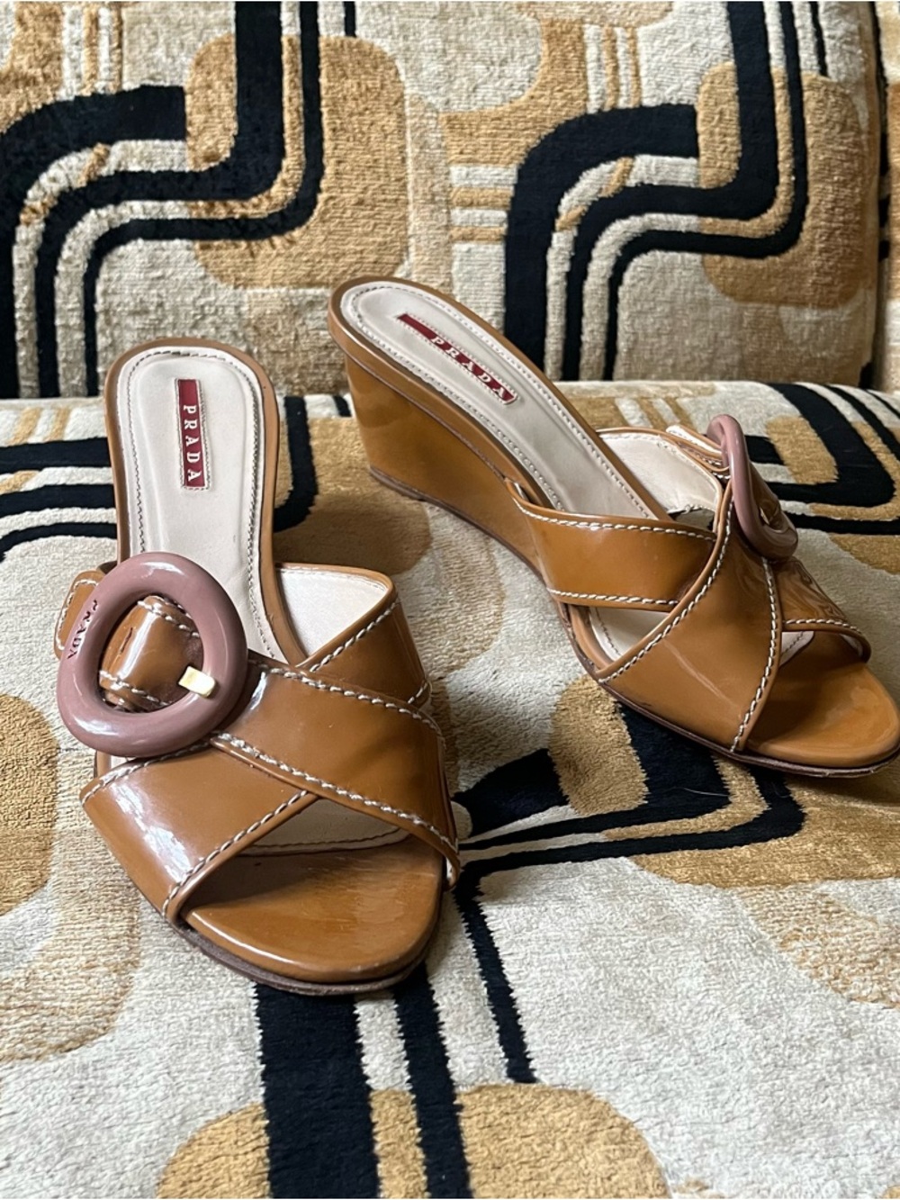 Prada Tan Patent Leather Wedge Sandals with Pink Buckle